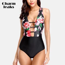 Charmleaks Women's Deep V Neck One Piece Swimwear Strappy One-Piece Swimsuit Floral Print Sexy Bathing Suits Monokini strappy palm leaf print one piece swimsuit