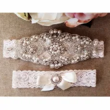 Свадебный набор подвязок белая кружевная лента с кристаллами стразами бант жемчужный подвязка набор