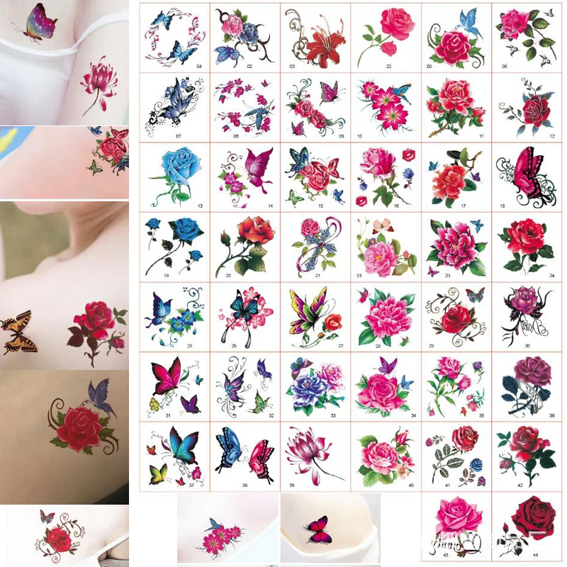 52 قطعة نقل زهرة المؤقتة الوشم ملصقات للماء ارتفع الأزهار الجسم الفن الوشم 3D فراشة وهمية أكمام تاتو لصق