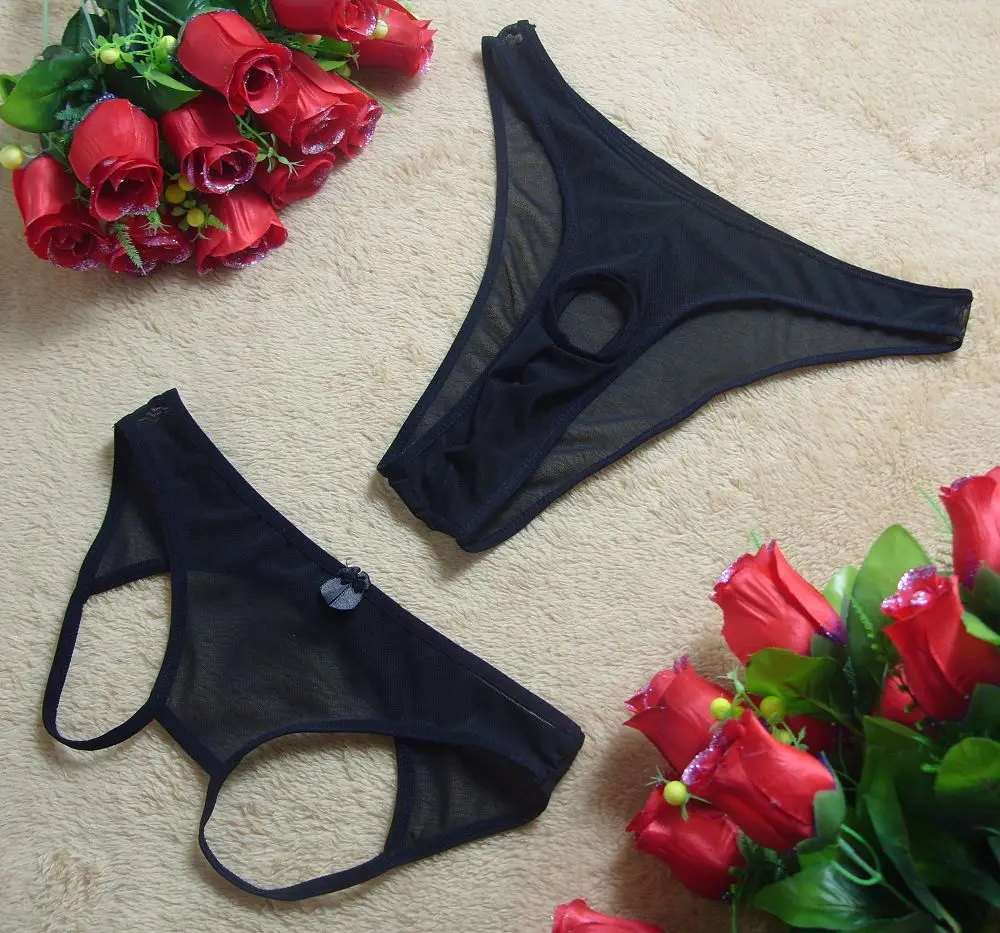 

Sexy net sheer see through open buttocks female briefs with men's sheer mesh fabric open hole briefs couple underpants suit