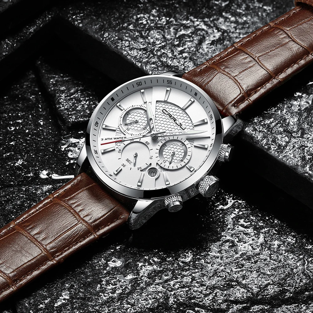 CRRJU новые модные мужские часы Аналоговые кварцевые наручные часы 30 м водонепроницаемые спортивные часы с хронографом и кожаным ремешком montre homme