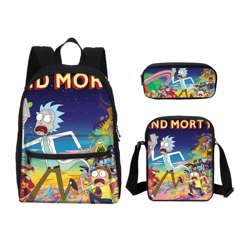 

3PCS/SET Canvas Backpacks For Boys Girls School Bag Anime Cartoon Rick And Morty Printing Bag Teenager Bookbag Mochila Escolar