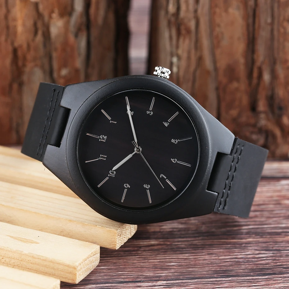 Men's Ebony Wood Black Watch Analog Quartz Watches Man Handmade Bamboo hombre Wristwatch with Genuine Leather Band Gifts for Men 2018 (9)