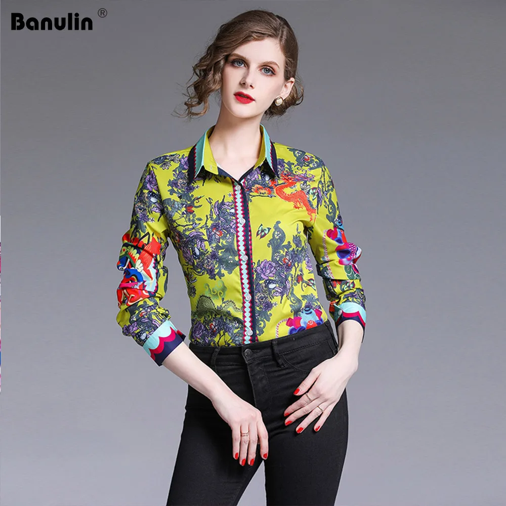

Banulin 2019 Fashion New Runway Designer Tops Women Print Vintage Long Sleeve Turn Down Collar Ladies Office Blouse Shirt