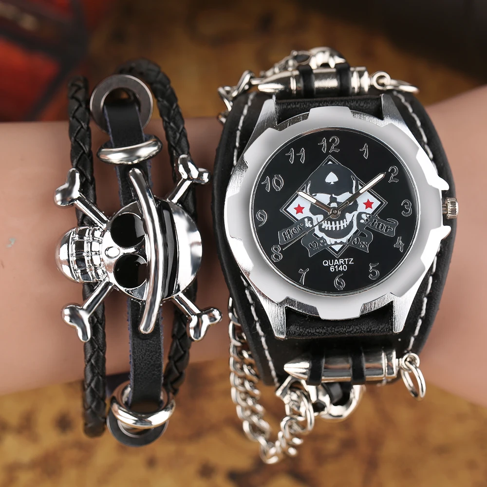 Gothic Style Rock Wrist Watch Sport Bullet Chain Skull Quartz Watches Cool Mens Leather Band Strap With Steampunk Bracelet Gift 1 (14)