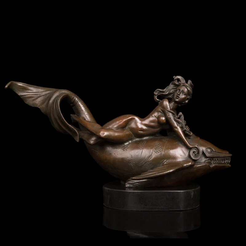 

Arts Crafts Copper Durable western female bronze nude lady with fish figurines art statue collection bronze fish sculpture