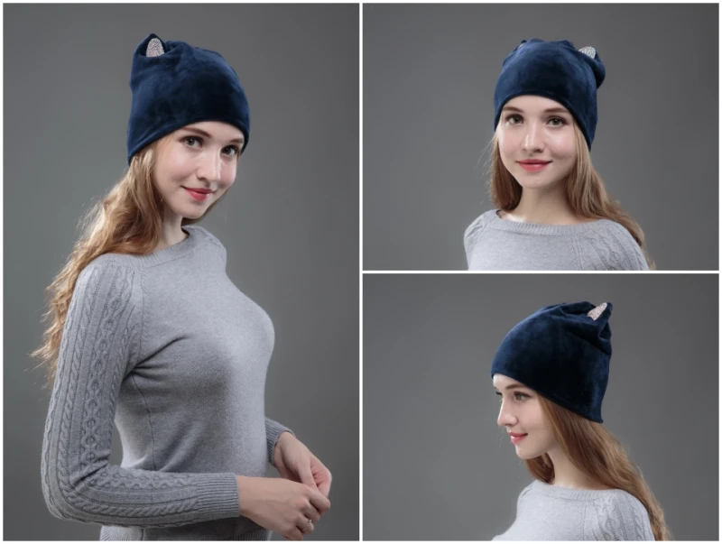 OHCOXOC, дизайн, женские шапочки Skullies, одноцветная, для девушек, милая, осень, зима, шапка, шапка с шикарными кошачьими ушками, блестящие стразы