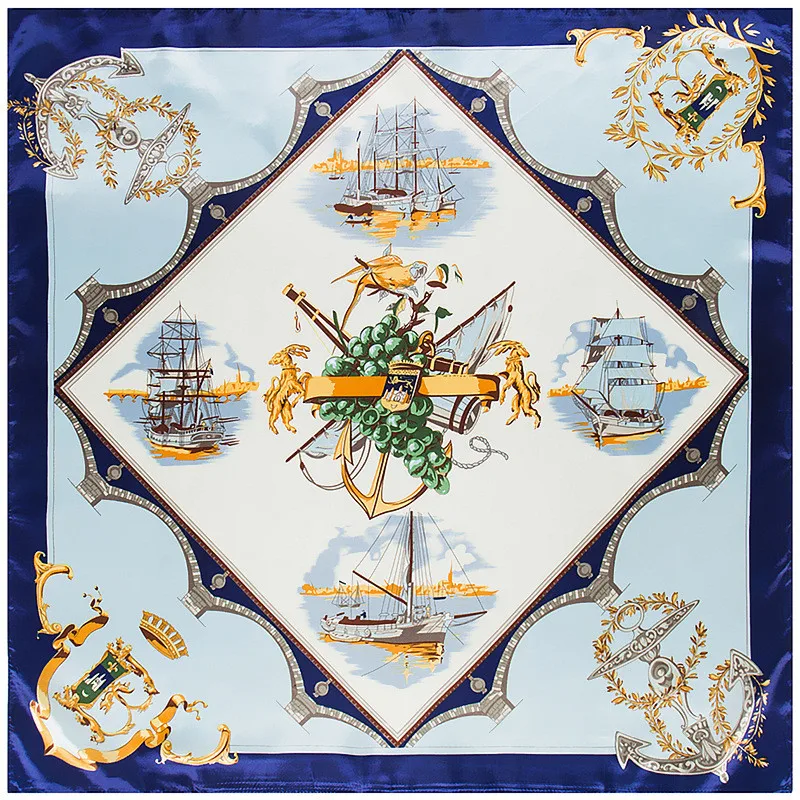 

POBING 90*90CM Silk Scarf Luxury Brand Spain Boat Fleet Print Bandana Women Silk Foulard Handkerchief Office Lady Neckerchief