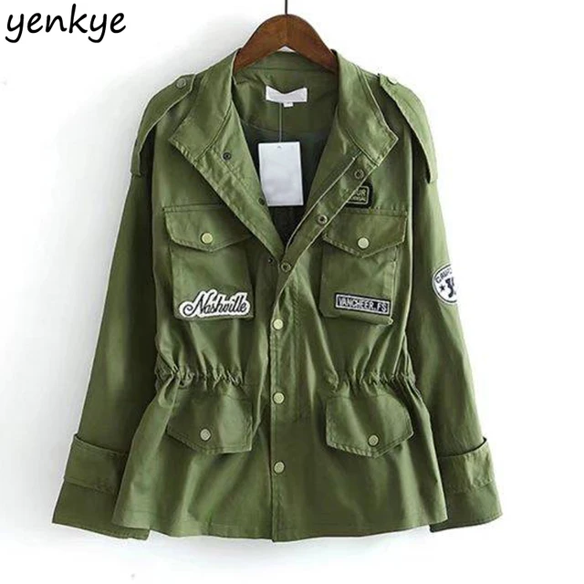 New Women Military Army Green Jacket Long Sleeve Turn down Collar Patch