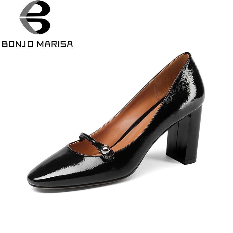 

BONJOMARISA Brand Design Genuine Leather Square High Heels slip-on Solid Shoes Woman Fashion Spring Pumps Big Size 33-43