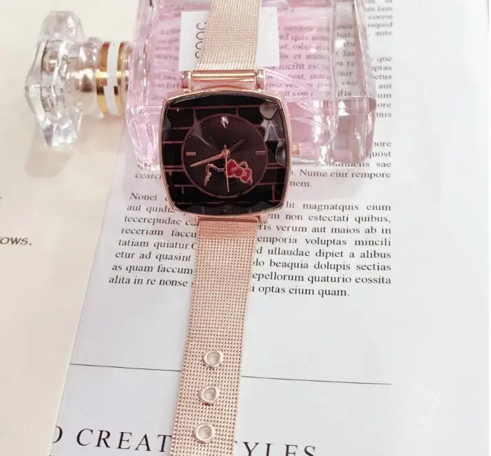 Женские часы из нержавеющей стали сетчатая лента розовое золото мультфильм женские квадратные наручные часы Relogio