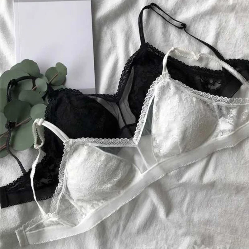 

Women Girls Sexy Bra Thin Lace Floral Black White Bra Adjustment Plunge Lingerie Wire Free Bras For Women