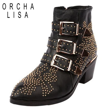 

ORCHA LISA Boots Women Round Toe Rivet Flower Susanna Studded Genuine Leather Ankle Boots Woman Botines Luxury Botas Muje