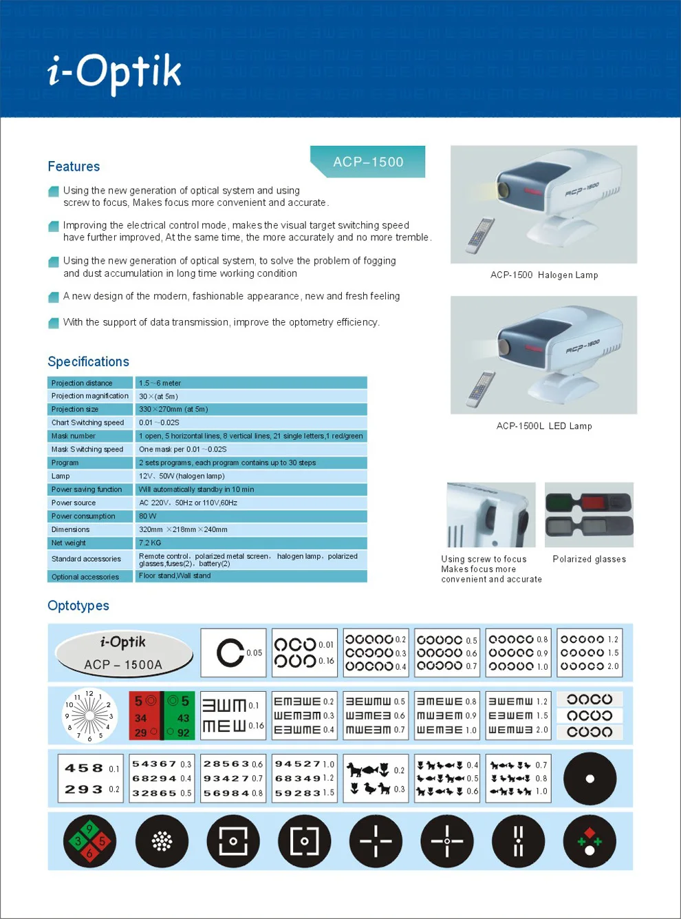 ACP-1500 для проектора с диаграммой остроты теста глаз