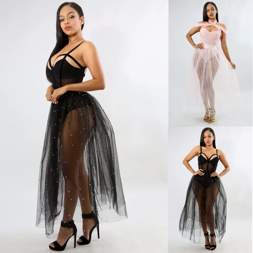 

Vintage Women Beading Tulle Skirts 2018 Summer Mesh Black White Pearl Elastic Waist Sheer Pleated Skirts Fashion Bottom Clothes