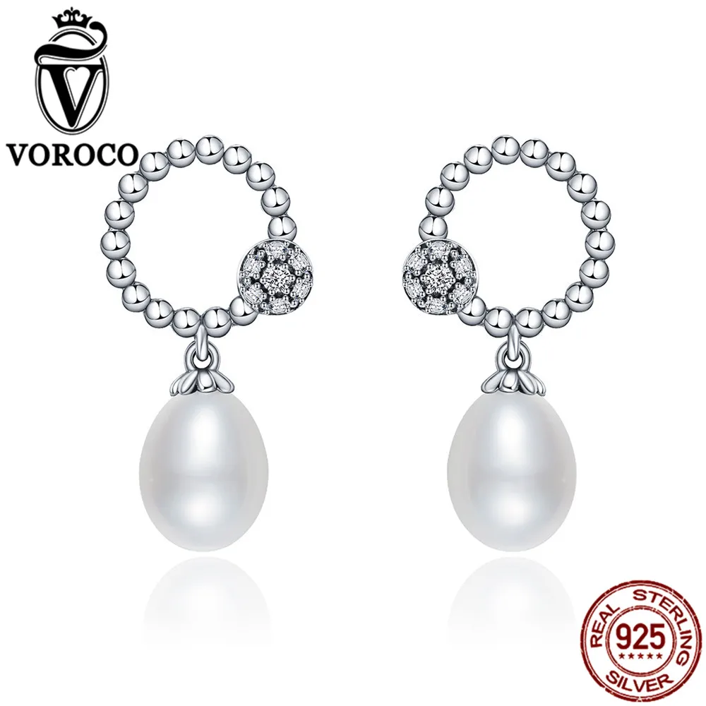 

VOROCO 925 Sterling Silver Oval Freshwater Pearls Clear Zircon Elegant Drop Earrings For Women Wedding Silver Jewelry VSE095
