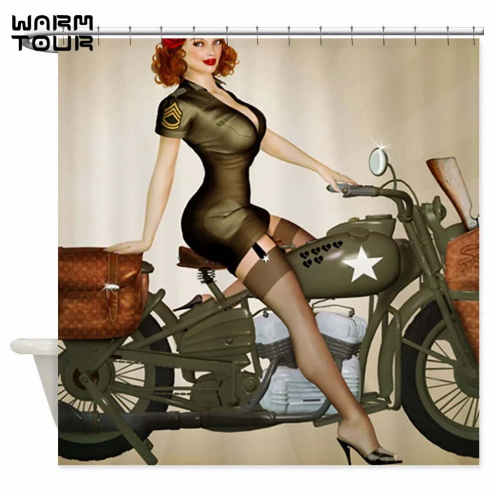 Теплый Тур Pin Up девушка на армии мотоцикла декоративная ткань занавески для душа