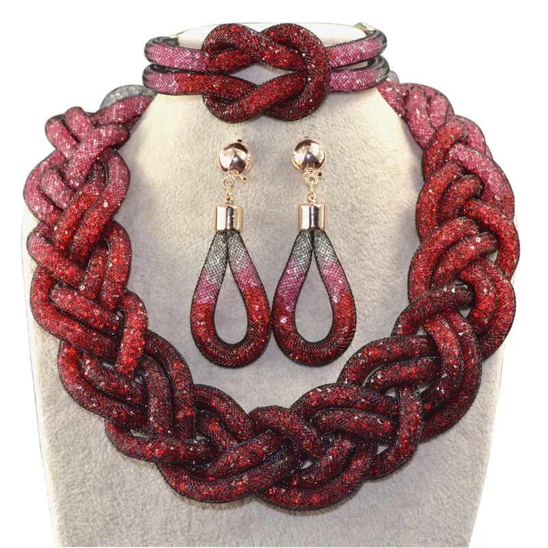 Direct selling fashionable handmade five shares rope chain and red transparent crystal african beads jewelry sets