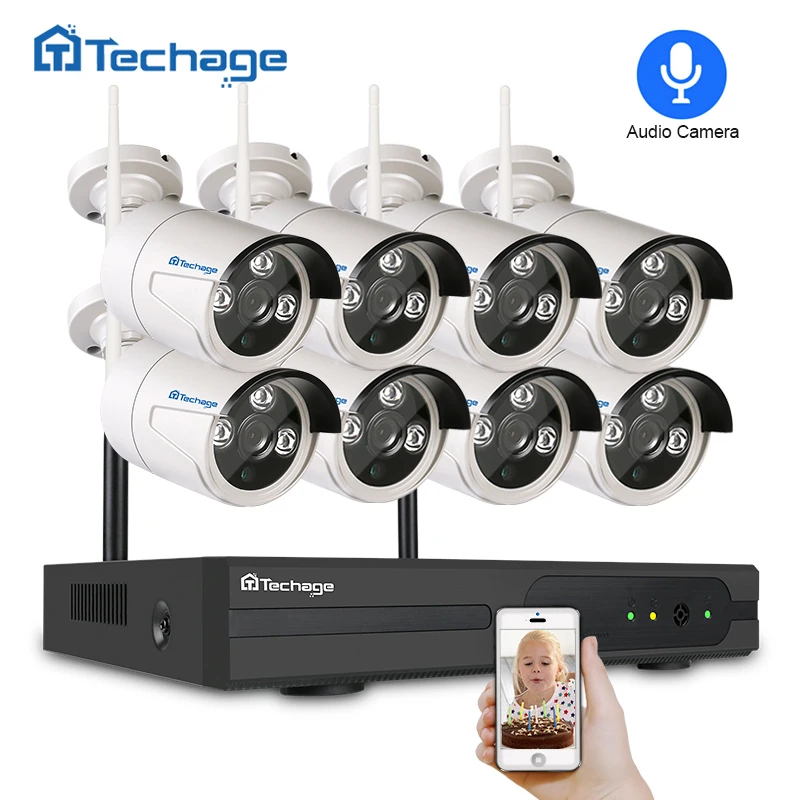 

Techage 8CH Wifi CCTV System Wireless NVR Kit 720P/960P/1080P Outdoor Audio Sound Camera P2P Video Security Surveillance Set