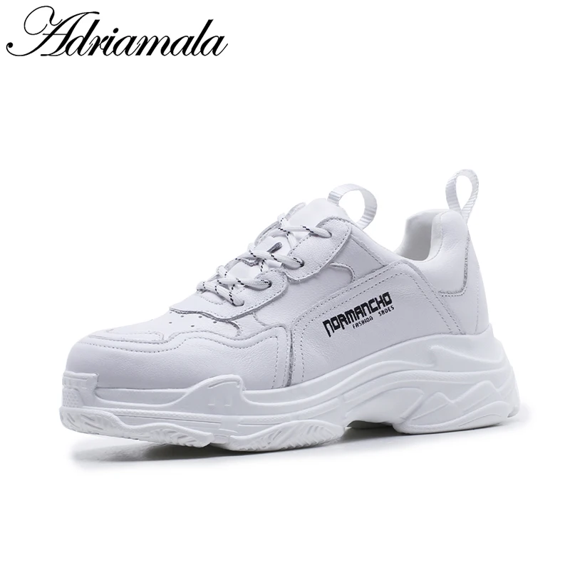 

2018 Genuine Leather Women Sneakers Round Toe Lace Up White Clunky Shoes Cow Leather Autumn Fashion Ladies Flat Shoes Adriamala