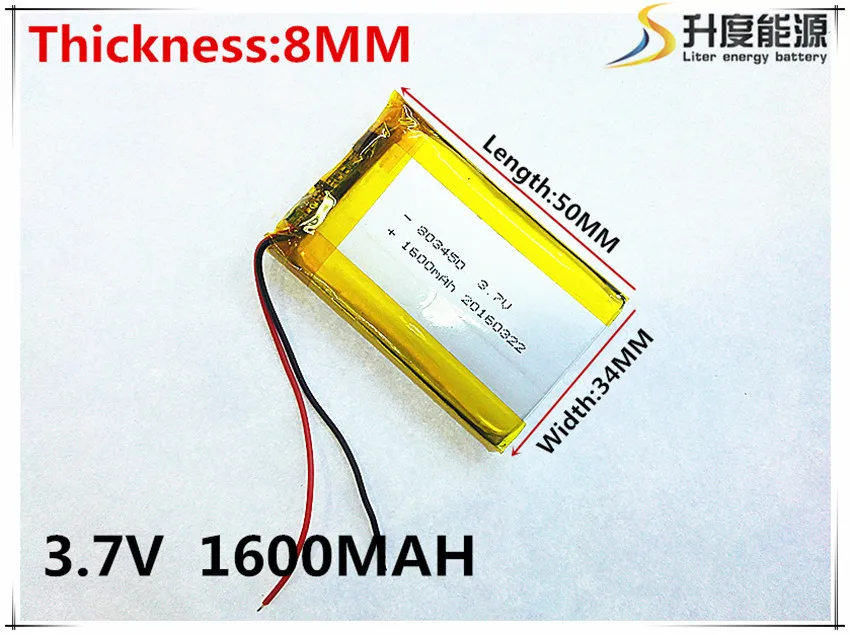 803450 3,7 V 1600mAH 083450 PLIB; полимерный литий-ионный/литий-ионный аккумулятор для gps, mp3, mp4, mp5, dvd, bluetooth, модельных игрушек