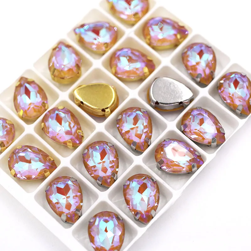 

New Teardrop shape Smoke yellow Mocha fluorescence Glass Crystal sewing claws flatback rhinestones for clothing/hair clip/brooch