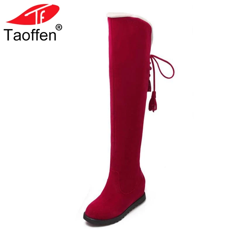 Taoffen Women Winter Flats Boots Thick Fur Snow Boots Over The Knee Lace Up Warm Women Shoes Inside Fur Footwear Size 34-43 цена Taoffen Women Winter Flats Boots Thick Fur Snow Boots Over The Knee Lace Up Warm Women Shoes Inside Fur Footwear Size 34-43 цены онлайн