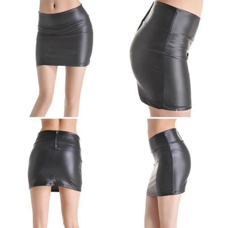 Women Sexy Bodycon Mini Skirt Faux Leather Zip High Waist Mini Short Skirt S-3XL