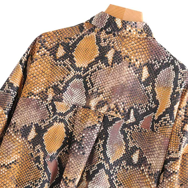 Стильная Свободная блузка со змеиным принтом, большие размеры, с длинным рукавом, рубашки с отложным воротником со стойкой, женские повседневные плиссированные топы, блузы