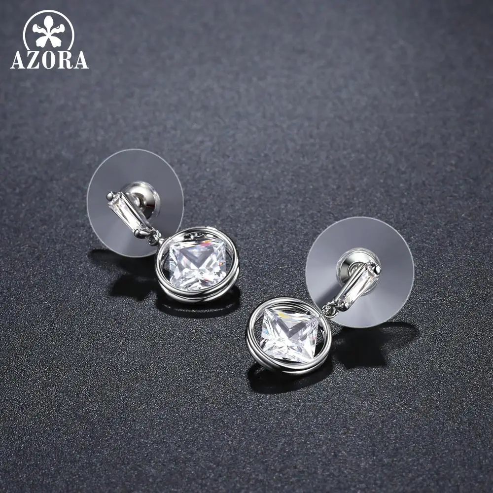 AZORA Silver Color Drop Earrings for Women Round Dangle Square Clear Zirconia Earrings Female Jewelry Limited Edition TE0339