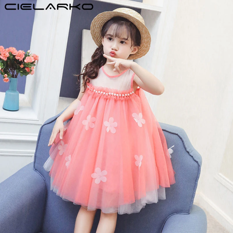Cielarko Girls Flower Party Dress Pearls Pink Baby Clothes for Birthday