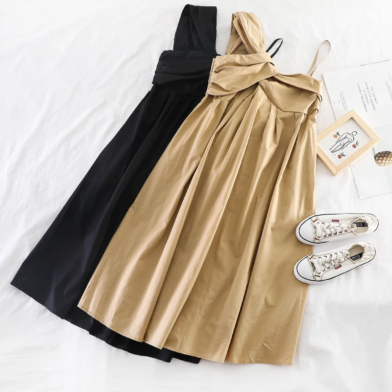 

SKOONHEID Fashion Women Solid Dress Elegant Spaghetti Strap Party Sundress French Korean Dresses Holiday Long Romantic Dress