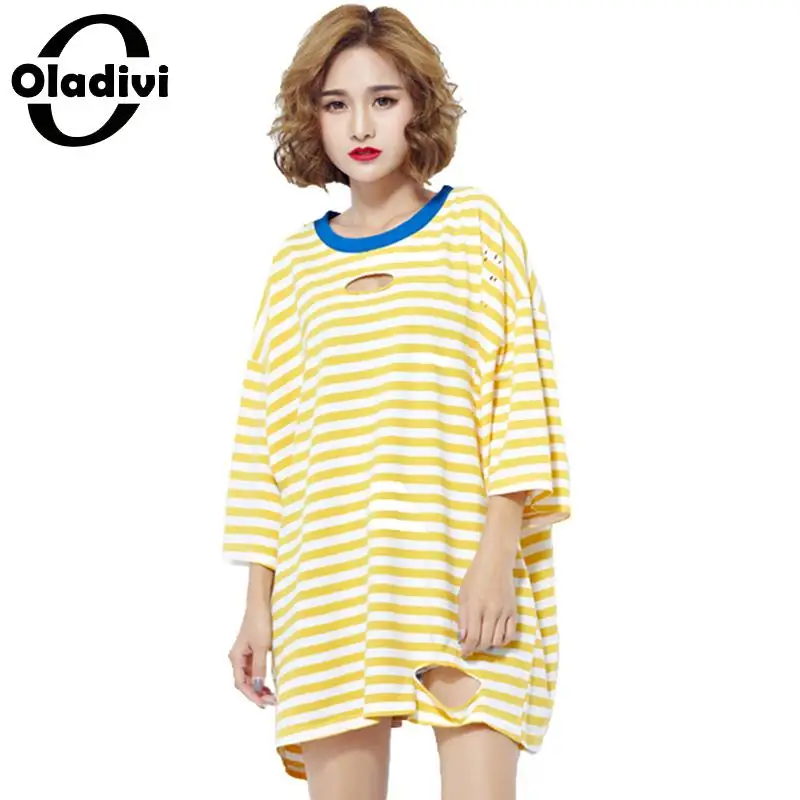 Oladivi المتضخم زائد حجم المرأة الأزياء مخطط حفرة المحملة قميص السيدات عارضة فضفاض قمم التي شيرت الصيف تي شيرت الإناث Blusas