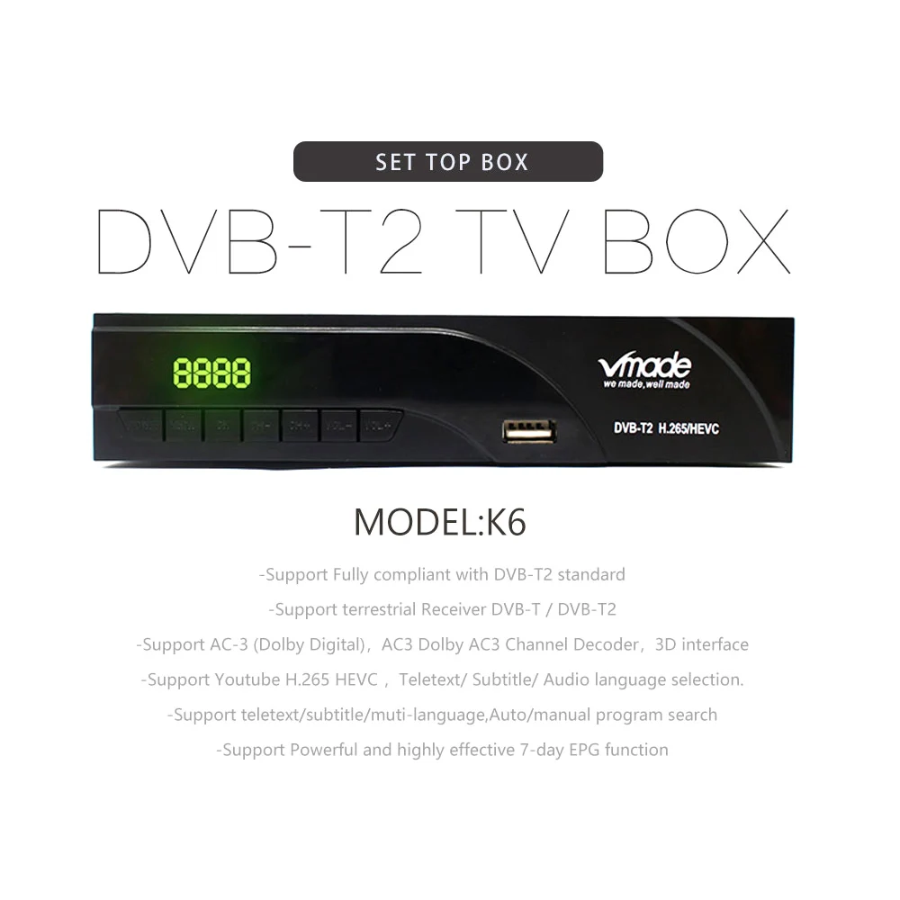 Vmade DVB-T2 HD Digital Terrestrial Receiver H.265/HEVC DVB T2 TV Tuner Support RJ45 LAN AC3 Audio