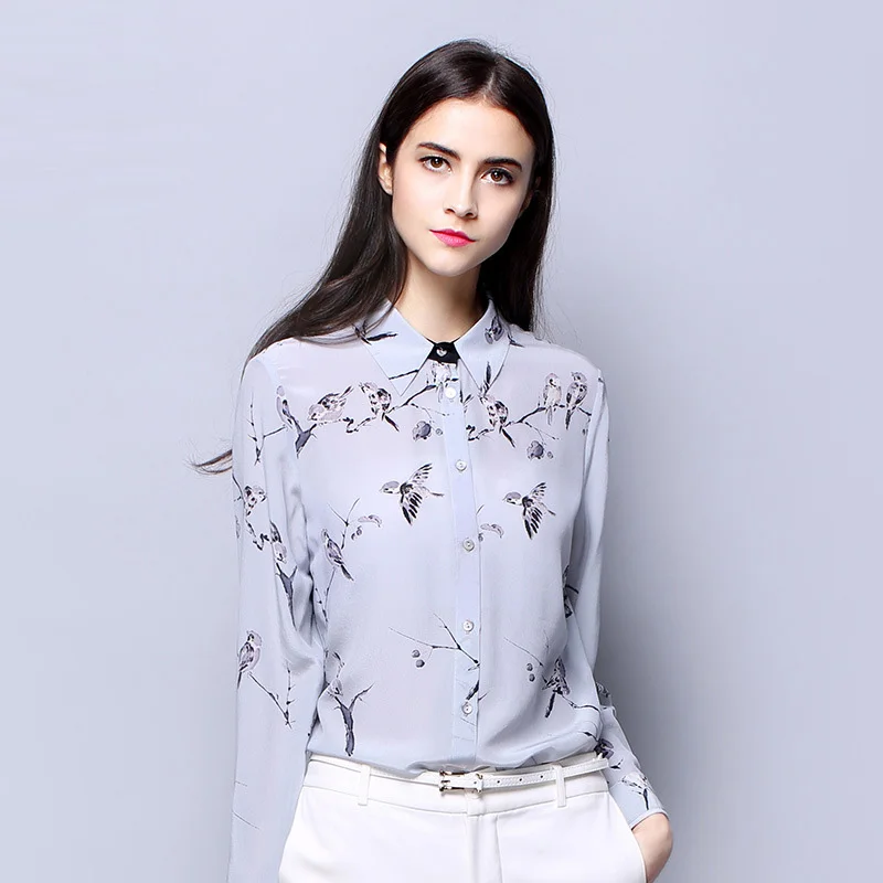 

100% SIlk Crepe Shirt Pure Silk Fabric Eco-friendly Printing New Trend Birds Pattern Top High Quality