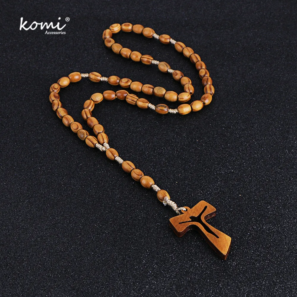 

Komi 2018 New Wooden Beads Cross Pendant Necklace For Women Men Catholic Christ Religious Jesus Rosary Jewelry Gift Strand R-003