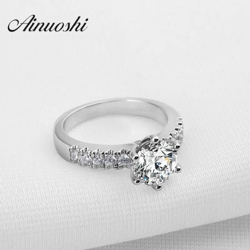 

AINOUSHI Luxury 925 Sterling Silver Rings for Women Round Sona Anillos De Compromiso Engagement Wedding Bands Bijoux