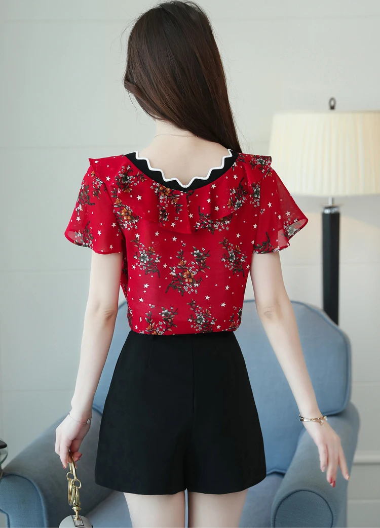 New 2018 Summer Casual Floral Chiffon Women Blouse Shirt Female Short Sleeve Slim Retro V Collar Tops Clothes Blusas 0573 40