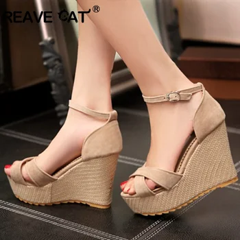 

REAVE CAT Women thick sole sandals high heel wedge shoes beige peep toe solid roman style ankle strap shoes sandales plateforme