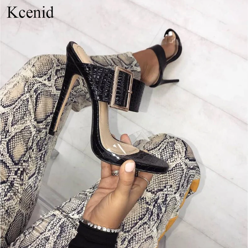 

Kcenid 2019 Sandals PVC shoes for women high heels open toe fashion buckle flipflop sandal summer sexy shoes black size 35-40