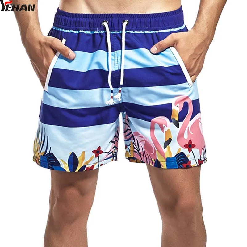Yehan Men Swimming Shorts Flamingo Beach Shorts for Men Stripe Bathing ...