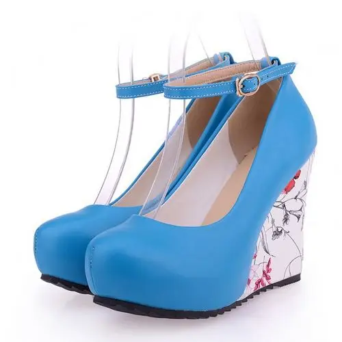 ALLENLYNN/вечерние свадебные туфли-лодочки на танкетке и высоком каблуке женские туфли с ремешком на щиколотке на платформе с цветочным принтом женские туфли-лодочки; большие размеры 34-43 - Цвет: Синий