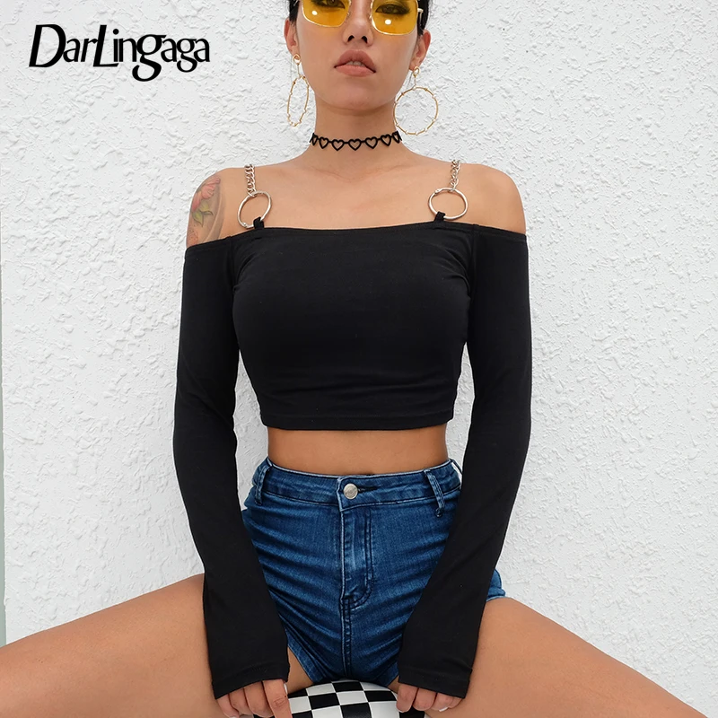 

Darlingaga Cotton off shoulder sexy fashion women's t-shirts 2019 chain ring long sleeve t shirt crop top tee autumn slim tshirt