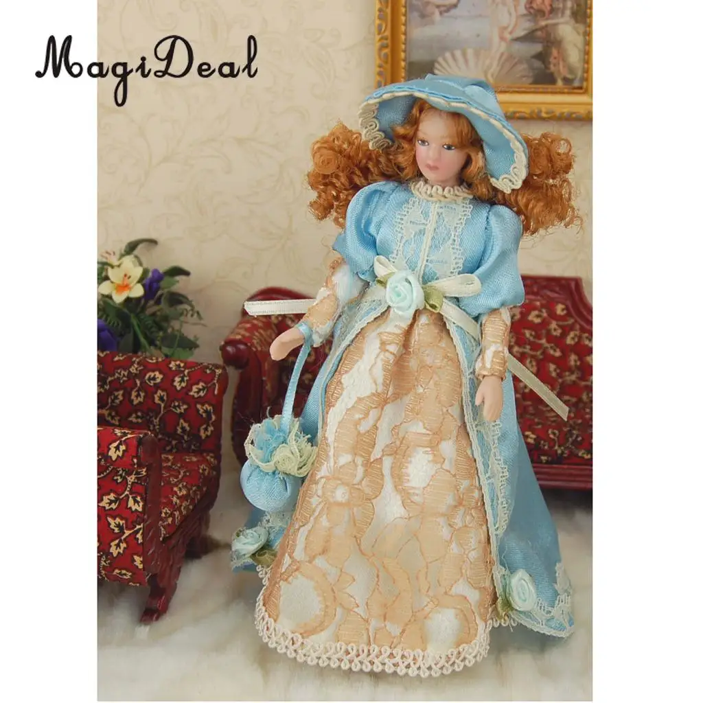 MagiDeal 1Pc 1/12 Dollhouse Miniature Porcelain Dolls Braided Hair Little Servent Girl w Stand for Bedroom Decor Kids Toy 2Kinds