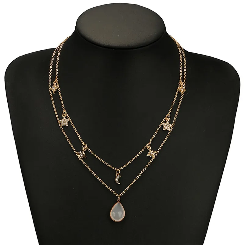 Fashion Simple Round Diamond Necklace Multi-layer Alloy Chain Clavicle Chain elliptical imitation gemstone necklace F13 (8)