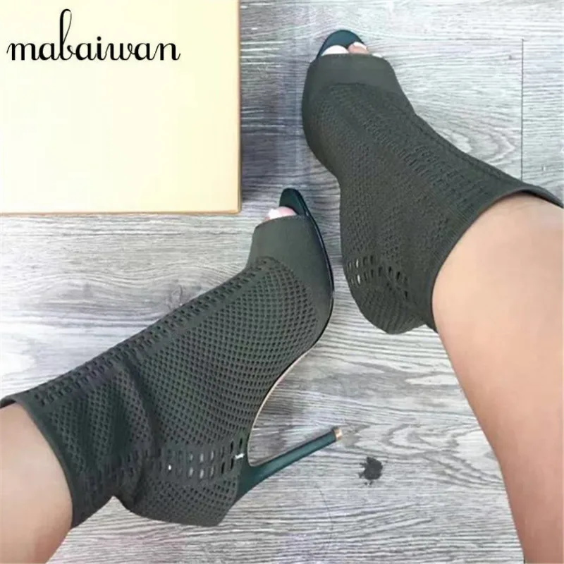 Green Knitted Ankle Boots Women Stretch Peep Toe Sock Booties Cut-out Women Pumps 9CM High Heel Shoes Woman Botines Mujer