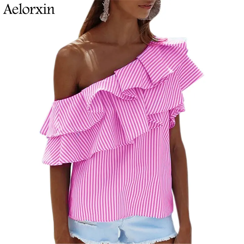 Aelorxin 2019 Женские Блузки модные синие полосатые бабочки на одно плечо женские топы