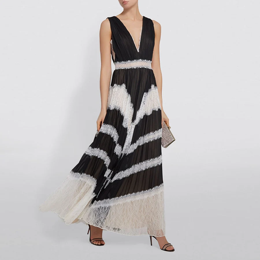 

VERDEJULIAY Runway Women Lace Dress Summer 2020 Spring Patchwork Fashion Luxury V-Neck Contrast Color Elegant Maxi Dress Vestido