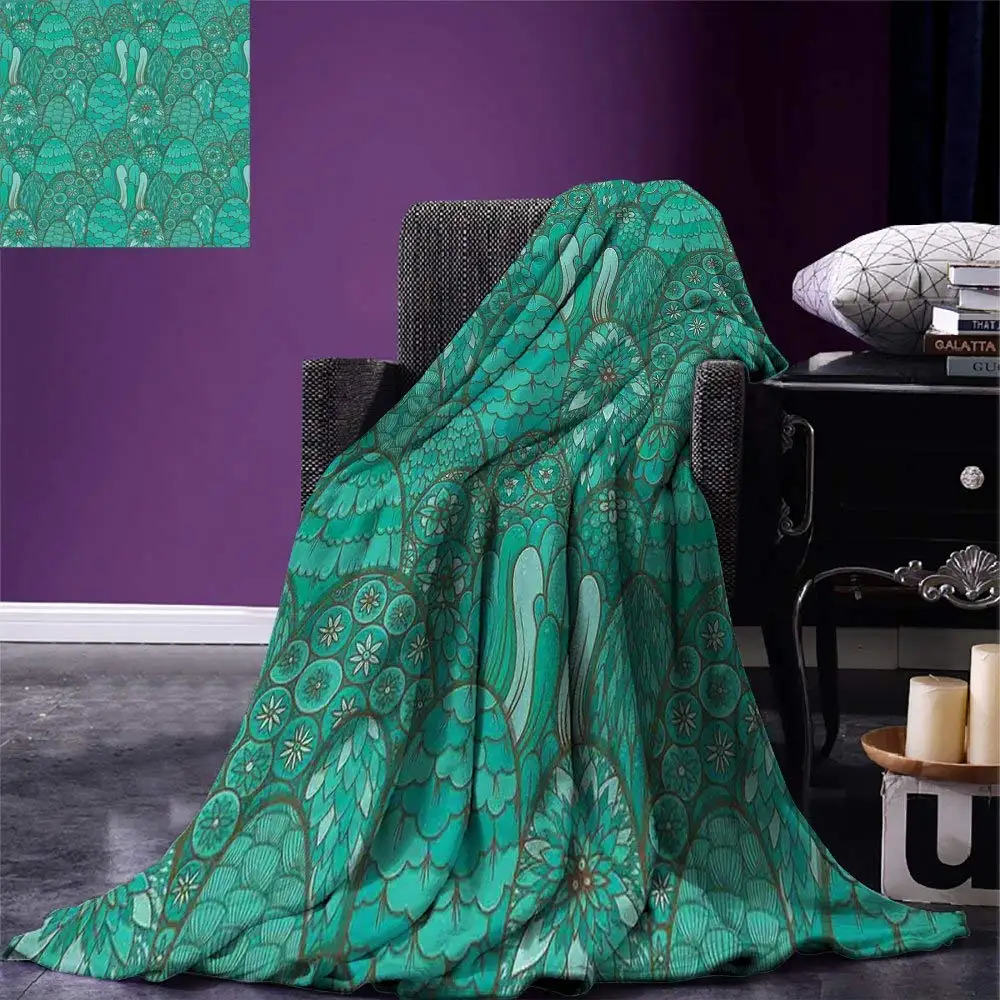 

Turquoise Throw Blanket Sylized Ethnic Pattern Trees and Bushes Asian Botanical Environmental Fantasy Artful Home Blanket