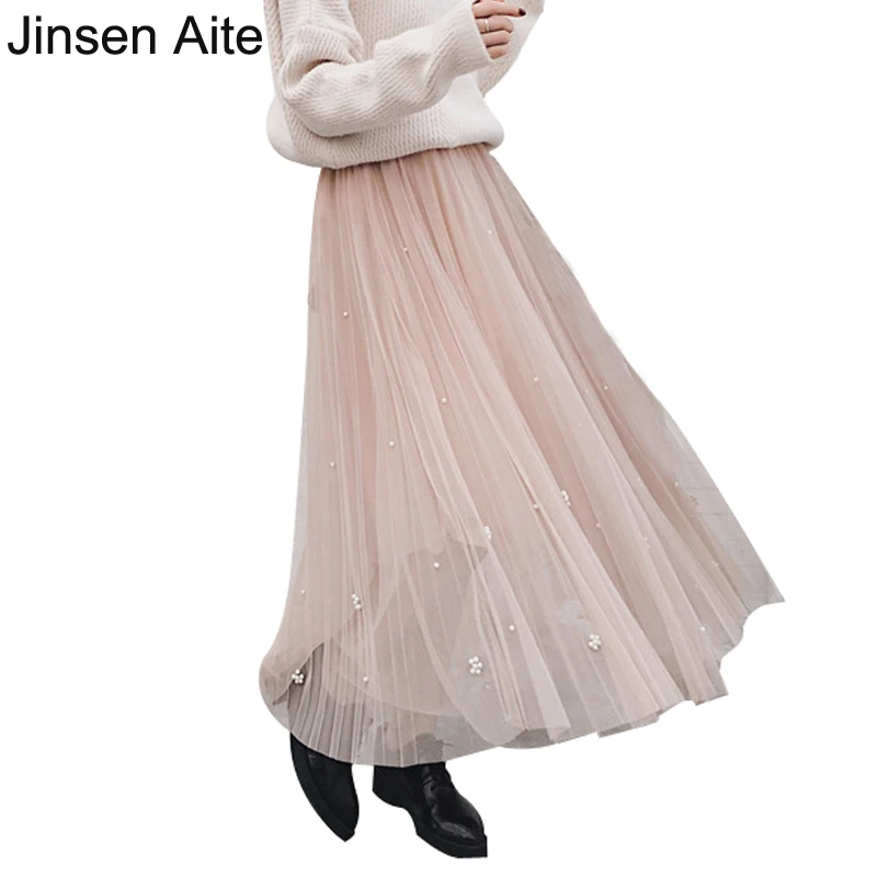 Jinsen Aite Женская Тюлевая юбка элегантная плиссированная юбка-пачка новая весенне-летняя сетчатая Офисная Женская длинная юбка Jupe JS107